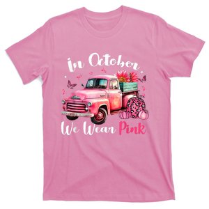 In October We Wear Pink Leopard Truck Pumpkin Breast Cancer T-Shirt