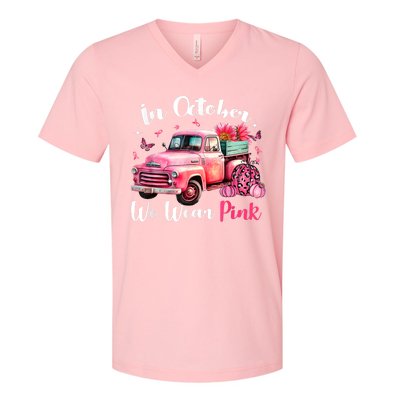 In October We Wear Pink Leopard Truck Pumpkin Breast Cancer V-Neck T-Shirt