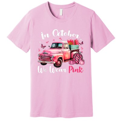 In October We Wear Pink Leopard Truck Pumpkin Breast Cancer Premium T-Shirt