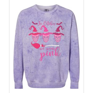 In October We Wear Pink Ribbon Witch Halloween Breast Cancer Colorblast Crewneck Sweatshirt