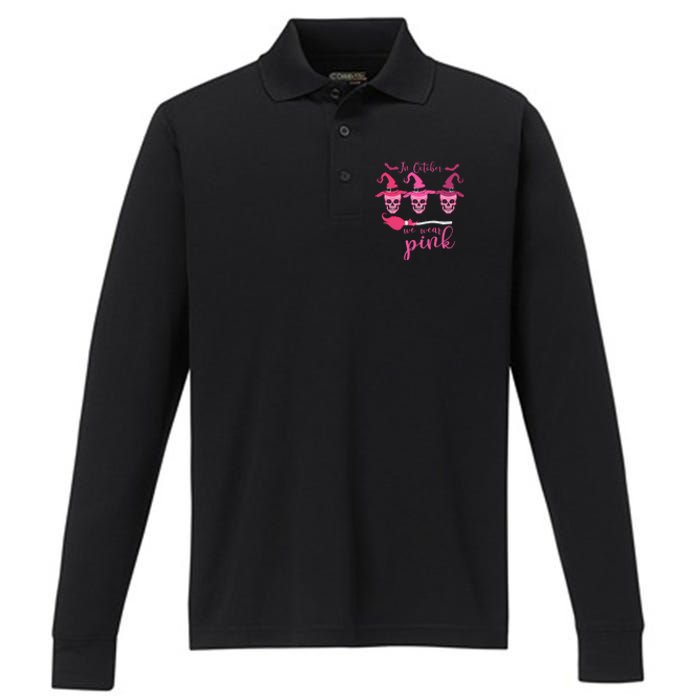 In October We Wear Pink Ribbon Witch Halloween Breast Cancer Performance Long Sleeve Polo