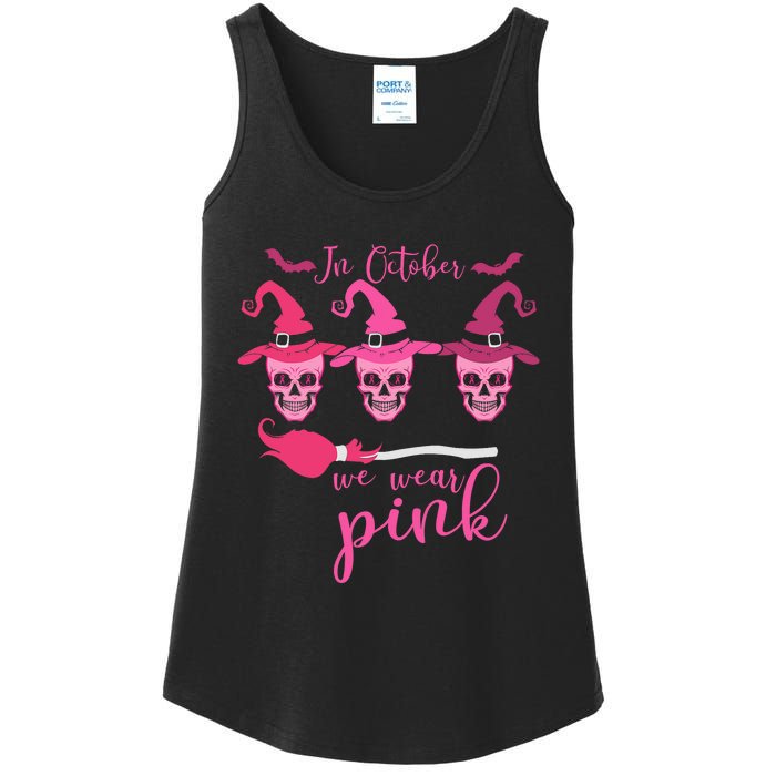 In October We Wear Pink Ribbon Witch Halloween Breast Cancer Ladies Essential Tank