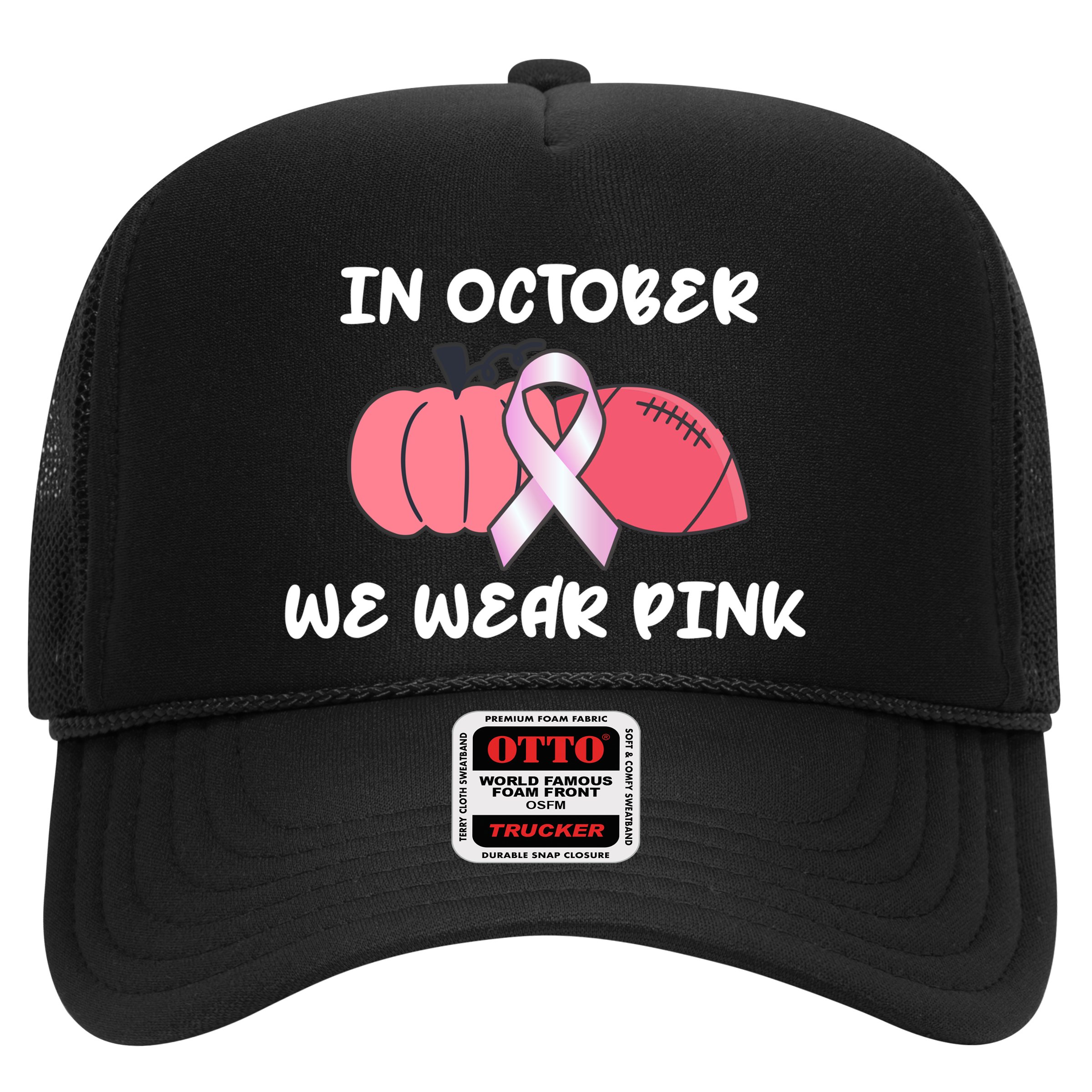 In October We Wear Pink Breast Cancer Pumpkin Ribbon Hat