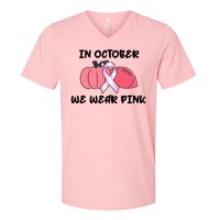 In October We Wear Pink Breast Cancer Pumpkin Ribbon V-Neck T-Shirt