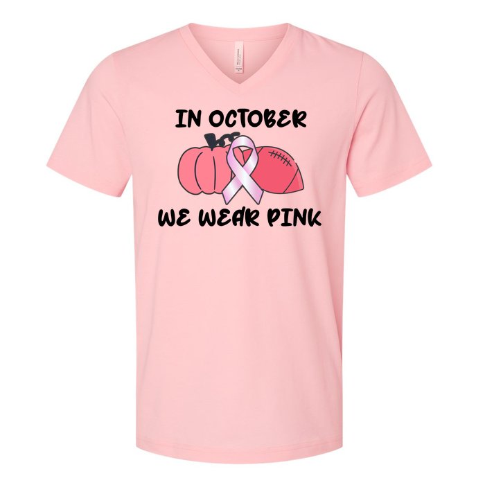 In October We Wear Pink Breast Cancer Pumpkin Ribbon V-Neck T-Shirt