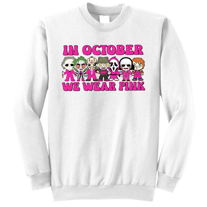 In October We Wear Pink Ghost Breast Cancer Halloween Horror Characters Sweatshirt