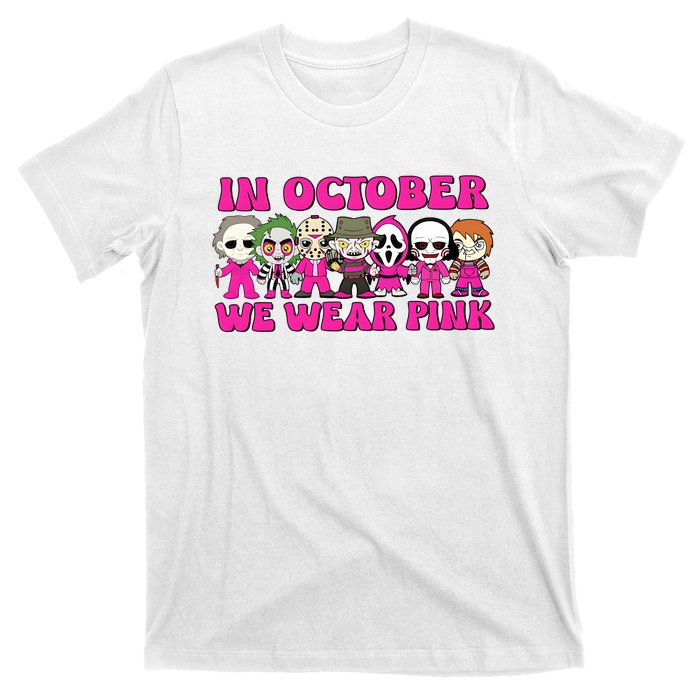 In October We Wear Pink Ghost Breast Cancer Halloween Horror Characters T-Shirt