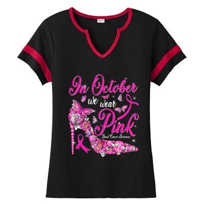 In October We Wear Pink Butterflies Breast Cancer Awareness Ladies Halftime Notch Neck Tee