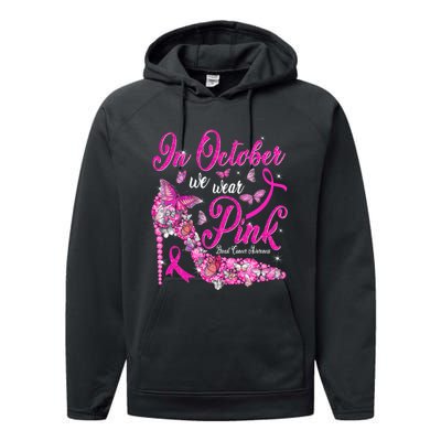 In October We Wear Pink Butterflies Breast Cancer Awareness Performance Fleece Hoodie