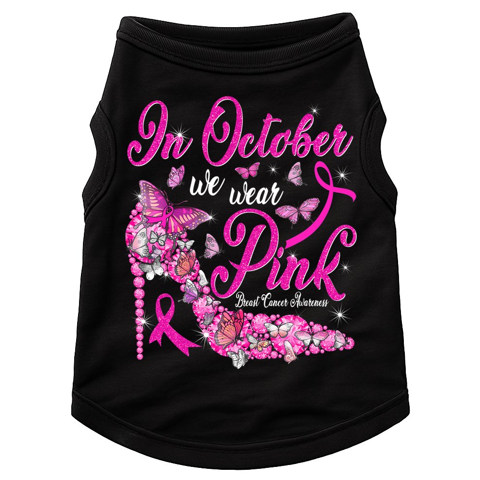 In October We Wear Pink Butterflies Breast Cancer Awareness Doggie Tank