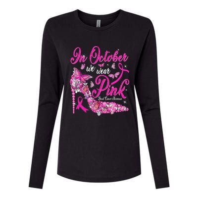 In October We Wear Pink Butterflies Breast Cancer Awareness Womens Cotton Relaxed Long Sleeve T-Shirt