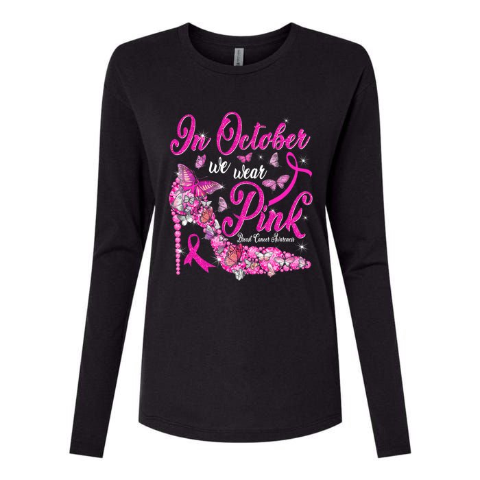 In October We Wear Pink Butterflies Breast Cancer Awareness Womens Cotton Relaxed Long Sleeve T-Shirt