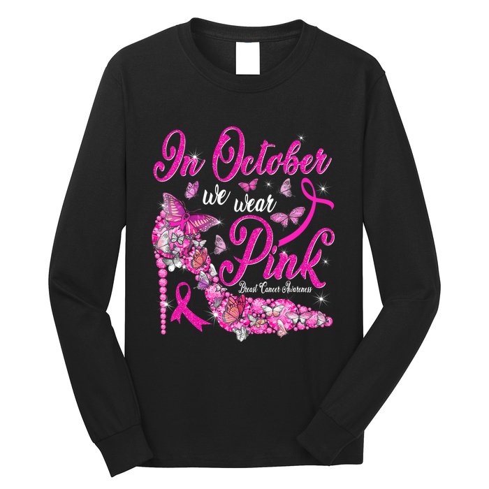 In October We Wear Pink Butterflies Breast Cancer Awareness Long Sleeve Shirt