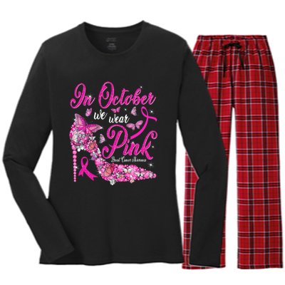 In October We Wear Pink Butterflies Breast Cancer Awareness Women's Long Sleeve Flannel Pajama Set 