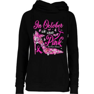 In October We Wear Pink Butterflies Breast Cancer Awareness Womens Funnel Neck Pullover Hood