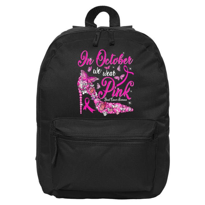 In October We Wear Pink Butterflies Breast Cancer Awareness 16 in Basic Backpack