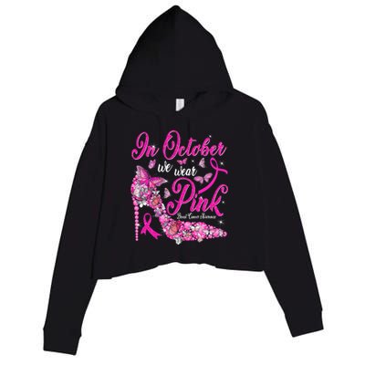 In October We Wear Pink Butterflies Breast Cancer Awareness Crop Fleece Hoodie