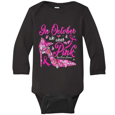 In October We Wear Pink Butterflies Breast Cancer Awareness Baby Long Sleeve Bodysuit