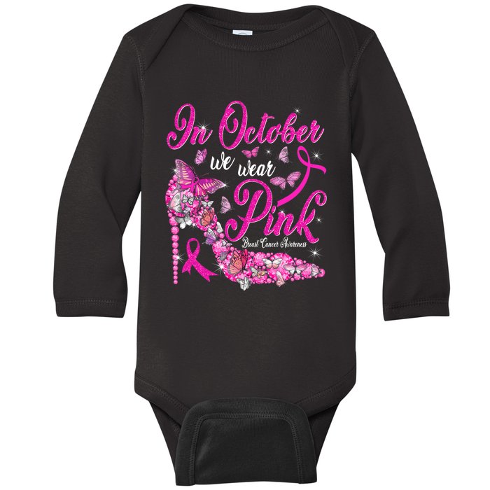 In October We Wear Pink Butterflies Breast Cancer Awareness Baby Long Sleeve Bodysuit