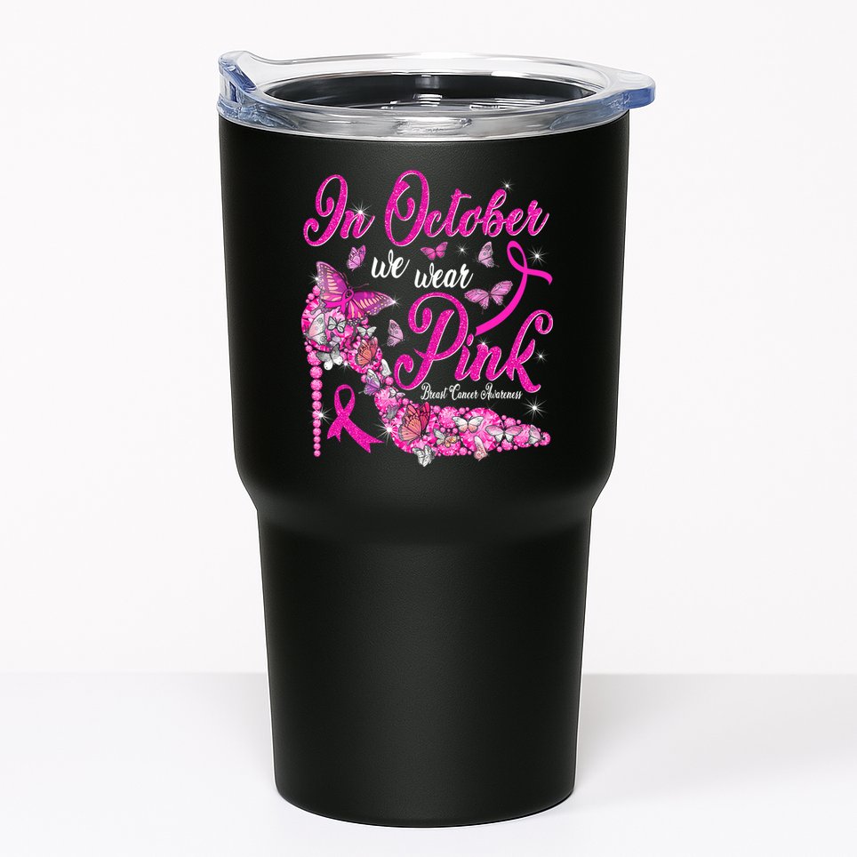 In October We Wear Pink Butterflies Breast Cancer Awareness Tumbler