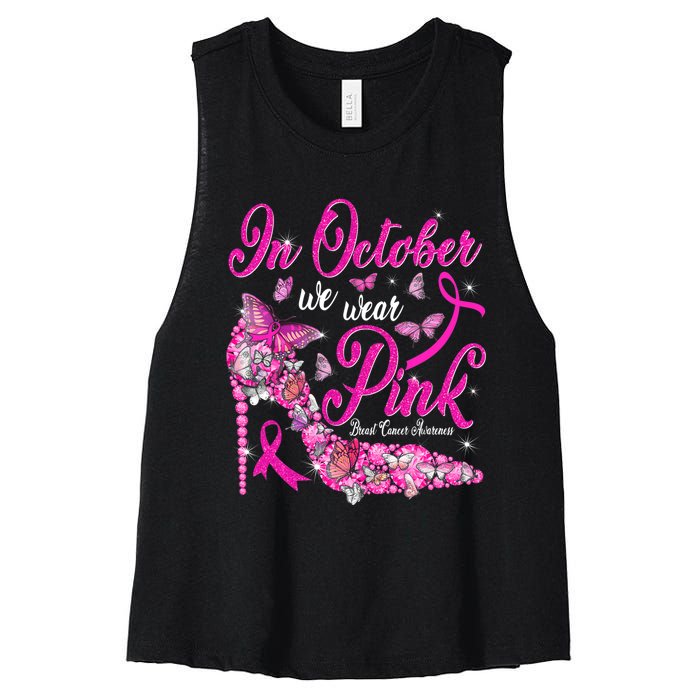 In October We Wear Pink Butterflies Breast Cancer Awareness Women's Racerback Cropped Tank