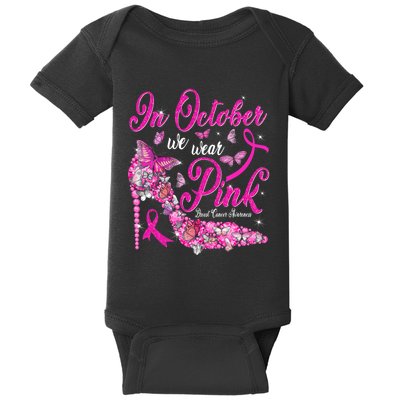 In October We Wear Pink Butterflies Breast Cancer Awareness Baby Bodysuit