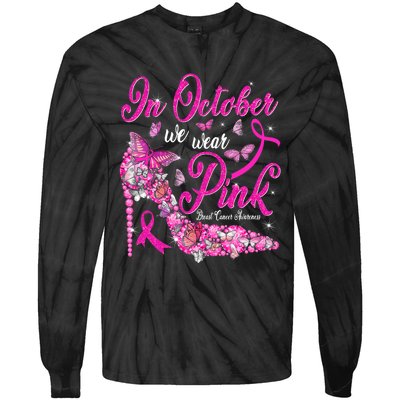 In October We Wear Pink Butterflies Breast Cancer Awareness Tie-Dye Long Sleeve Shirt