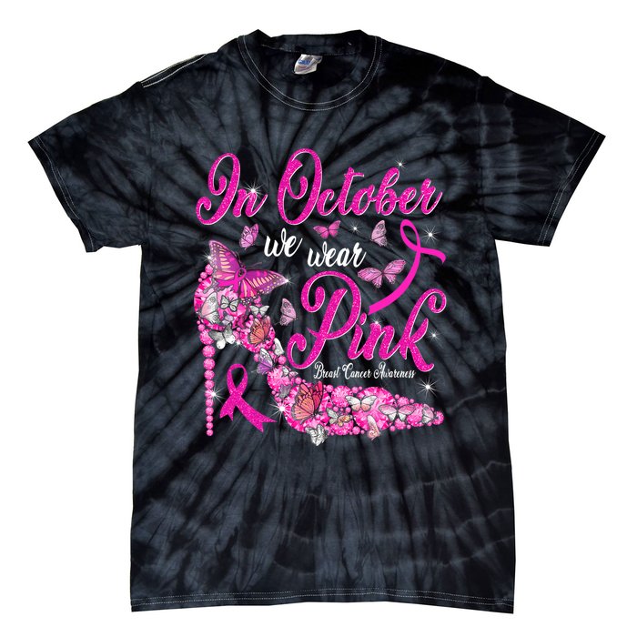 In October We Wear Pink Butterflies Breast Cancer Awareness Tie-Dye T-Shirt