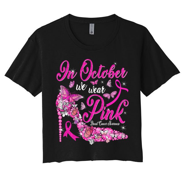 In October We Wear Pink Butterflies Breast Cancer Awareness Crop Top