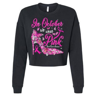 In October We Wear Pink Butterflies Breast Cancer Awareness Cropped Pullover Crew