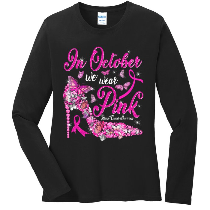 In October We Wear Pink Butterflies Breast Cancer Awareness Ladies Long Sleeve Shirt