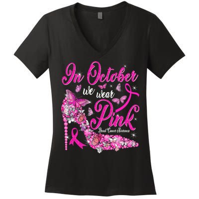 In October We Wear Pink Butterflies Breast Cancer Awareness Women's V-Neck T-Shirt