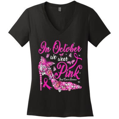 In October We Wear Pink Butterflies Breast Cancer Awareness Women's V-Neck T-Shirt