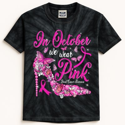 In October We Wear Pink Butterflies Breast Cancer Awareness Kids Tie-Dye T-Shirt