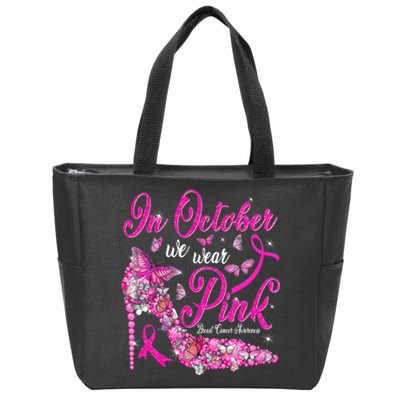 In October We Wear Pink Butterflies Breast Cancer Awareness Zip Tote Bag