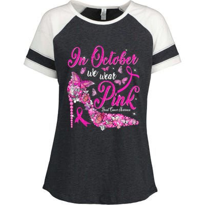 In October We Wear Pink Butterflies Breast Cancer Awareness Enza Ladies Jersey Colorblock Tee