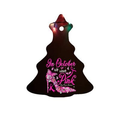 In October We Wear Pink Butterflies Breast Cancer Awareness Ceramic Tree Ornament