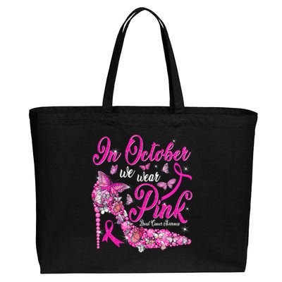 In October We Wear Pink Butterflies Breast Cancer Awareness Cotton Canvas Jumbo Tote