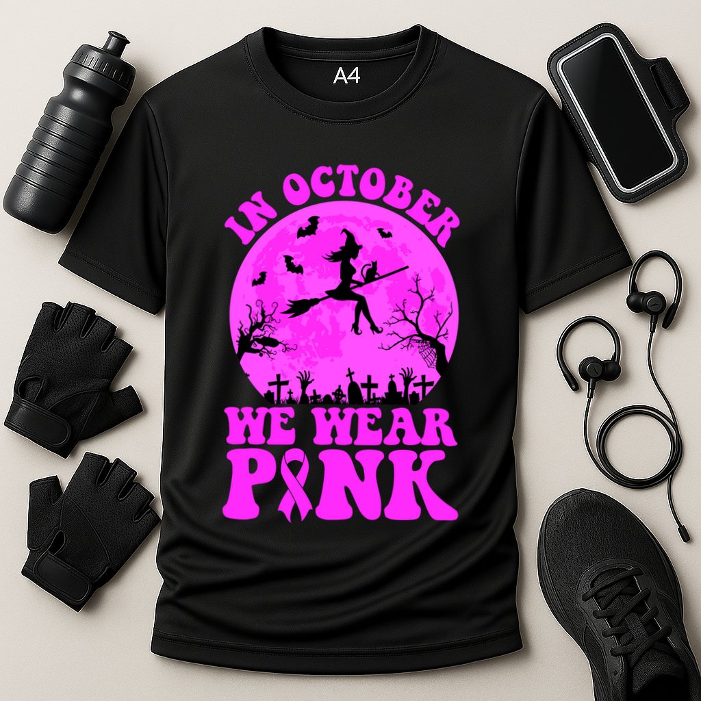 In October We Wear Pink Breast Cancer Halloween Witch Cooling Performance Crew T-Shirt