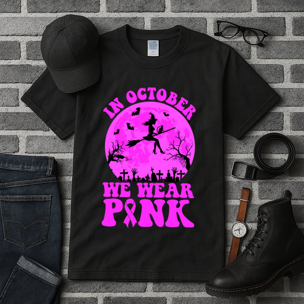 In October We Wear Pink Breast Cancer Halloween Witch Tall T-Shirt