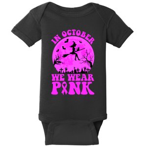 In October We Wear Pink Breast Cancer Halloween Witch Baby Bodysuit