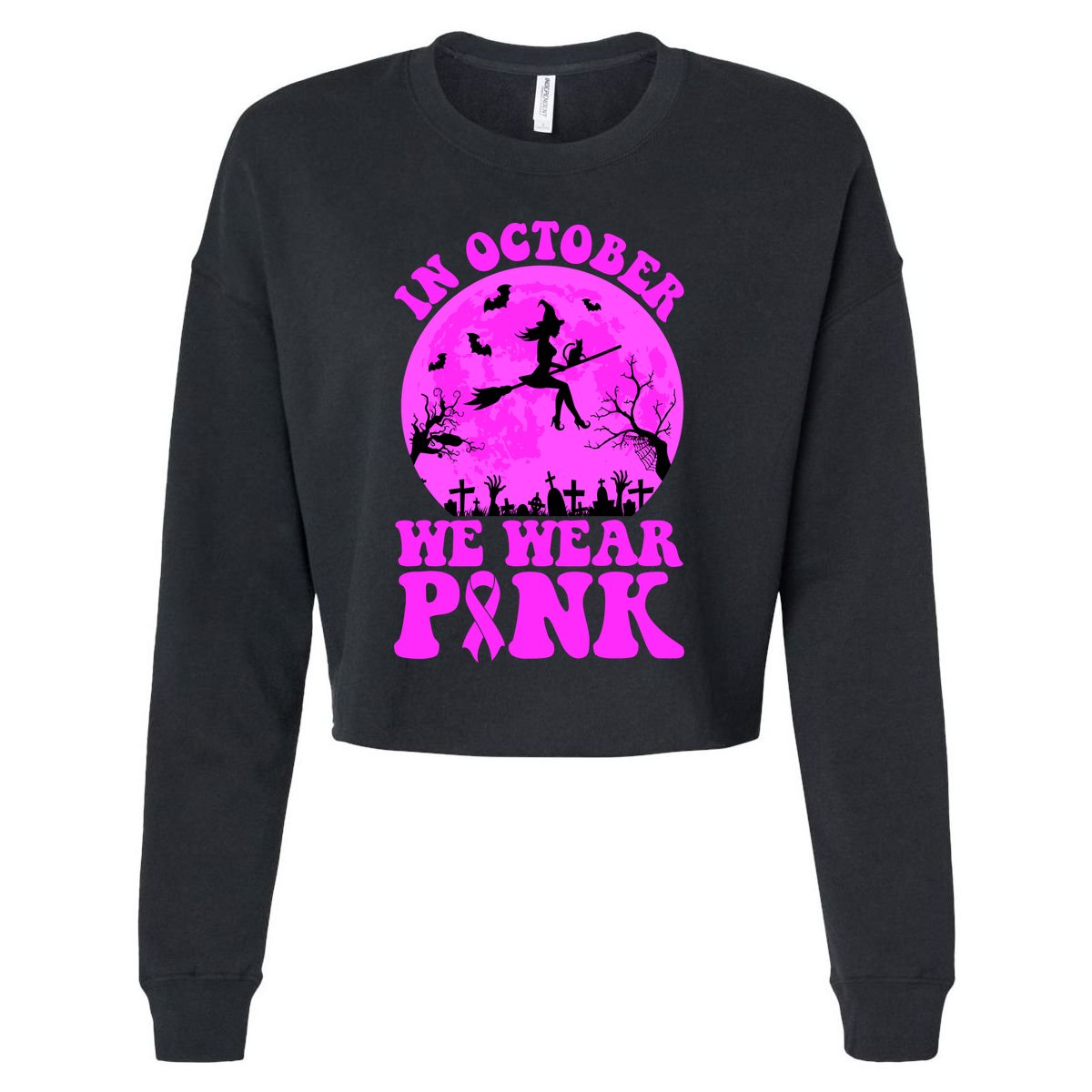 In October We Wear Pink Breast Cancer Halloween Witch Cropped Pullover Crew