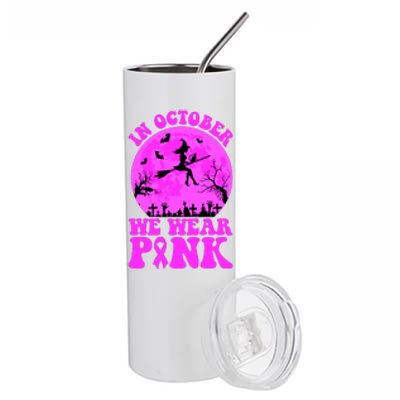 In October We Wear Pink Breast Cancer Halloween Witch Stainless Steel Tumbler