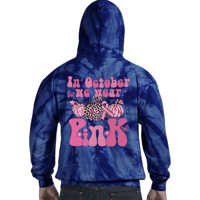 In October We Wear Pink Breast Cancer Awareness Fall Pumpkin Tie Dye Hoodie