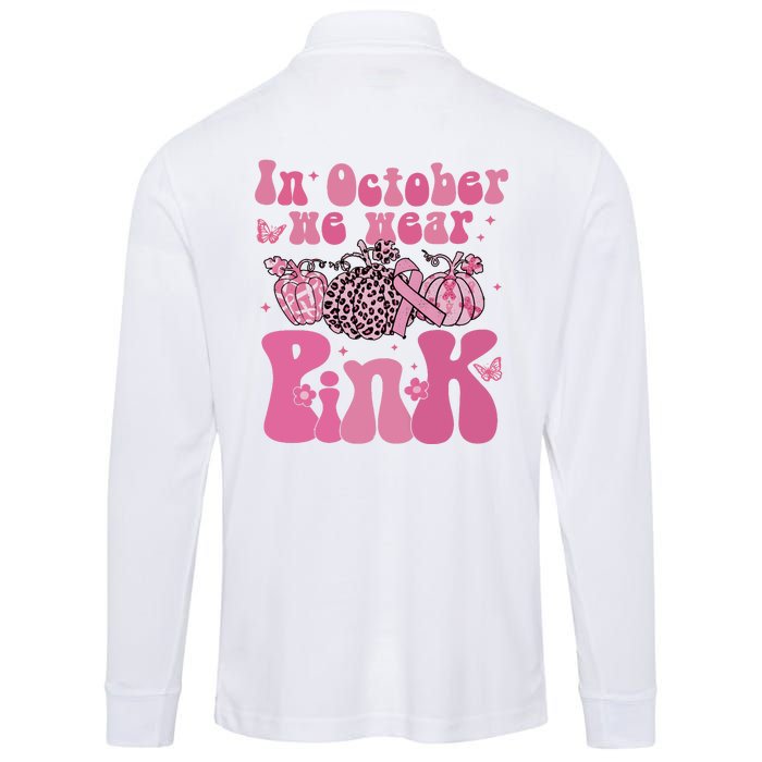 In October We Wear Pink Breast Cancer Awareness Fall Pumpkin Performance Long Sleeve Polo