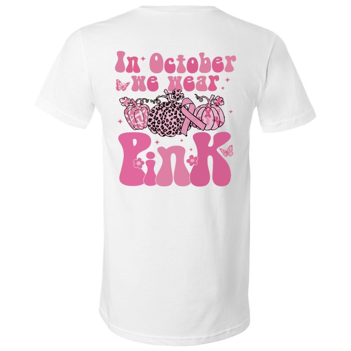 In October We Wear Pink Breast Cancer Awareness Fall Pumpkin V-Neck T-Shirt