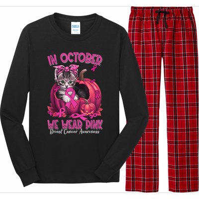 In October We Wear Cat Ribbon Breast Cancer Awareness Long Sleeve Pajama Set