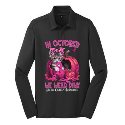 In October We Wear Cat Ribbon Breast Cancer Awareness Silk Touch Performance Long Sleeve Polo