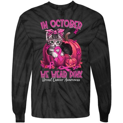 In October We Wear Cat Ribbon Breast Cancer Awareness Tie-Dye Long Sleeve Shirt