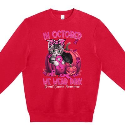 In October We Wear Cat Ribbon Breast Cancer Awareness Premium Crewneck Sweatshirt